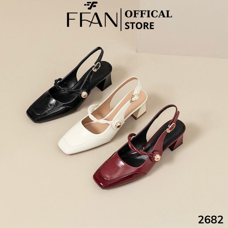 Giày cao gót nữ đế vuông mũi vuông [da mềm mại] hở gót 2682 FFAN STORE Mary Jane slingback 5 phân bít mũi đen trắng đỏ