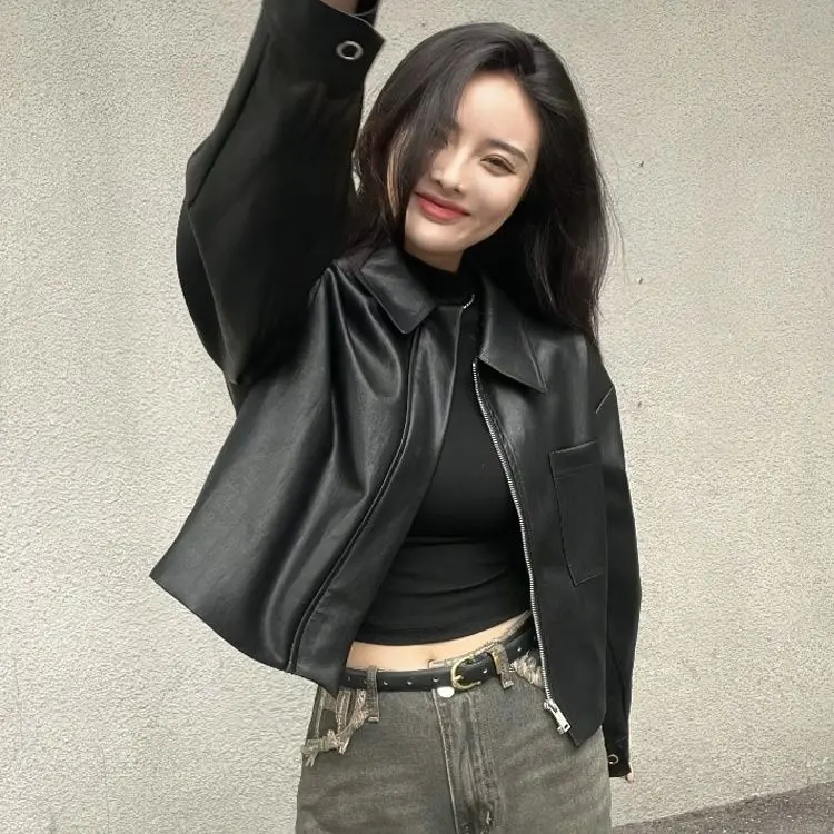Áo khoác da, Hàng Châu Âu, Cổ Polo màu đen Cao Cấp Sang Trọng Ngầu Thích hợp cho mùa thu và mùa đông, Phong cách Hàn Quốc, Dáng Rộng rãi và Bó Sát, Dây kéo ngắn, Quần áo đi xe máy