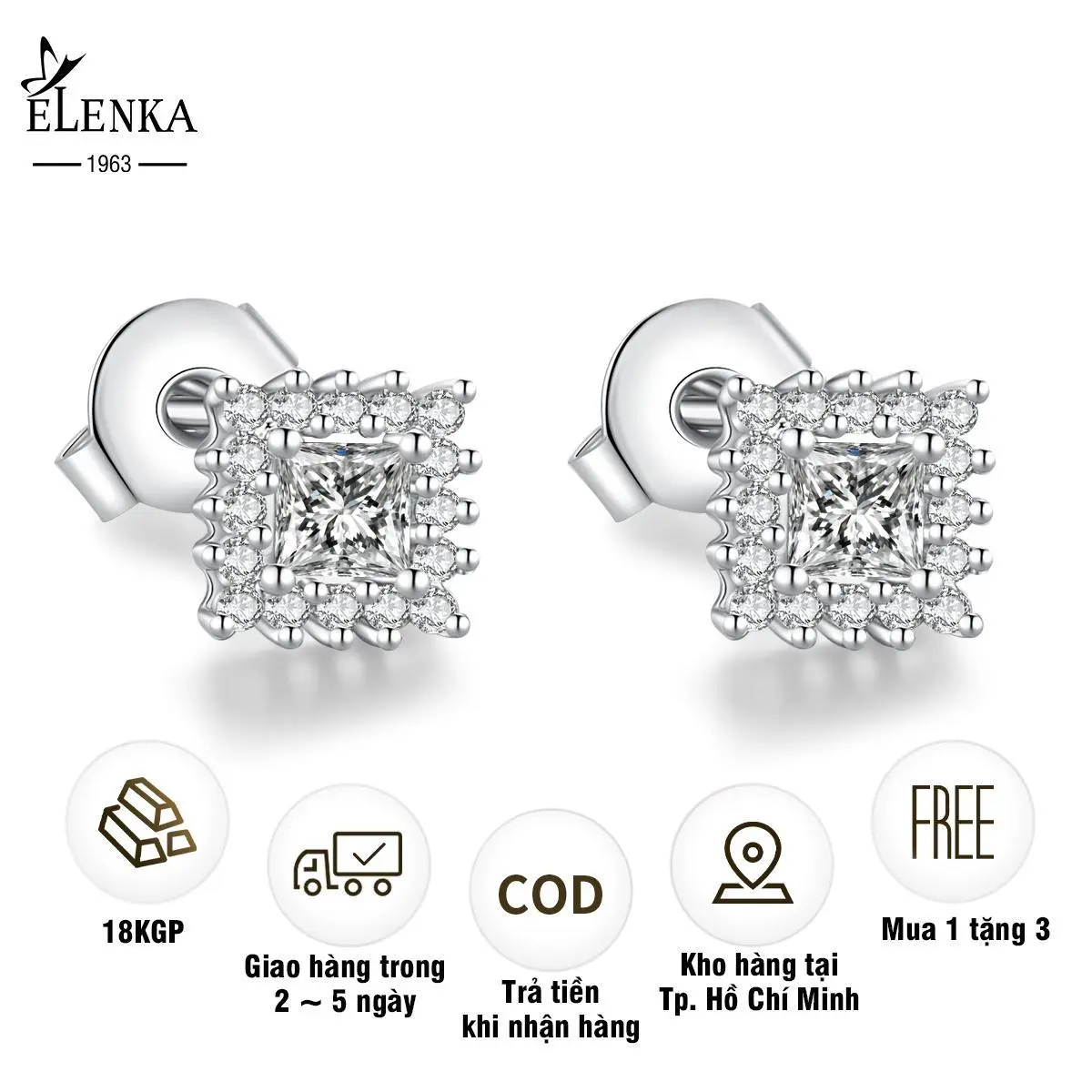 ELENKA - Bông tai mạ vàng 18K vuông đính đá siêu sáng cá tính thời trang trang  sức   khuyên
