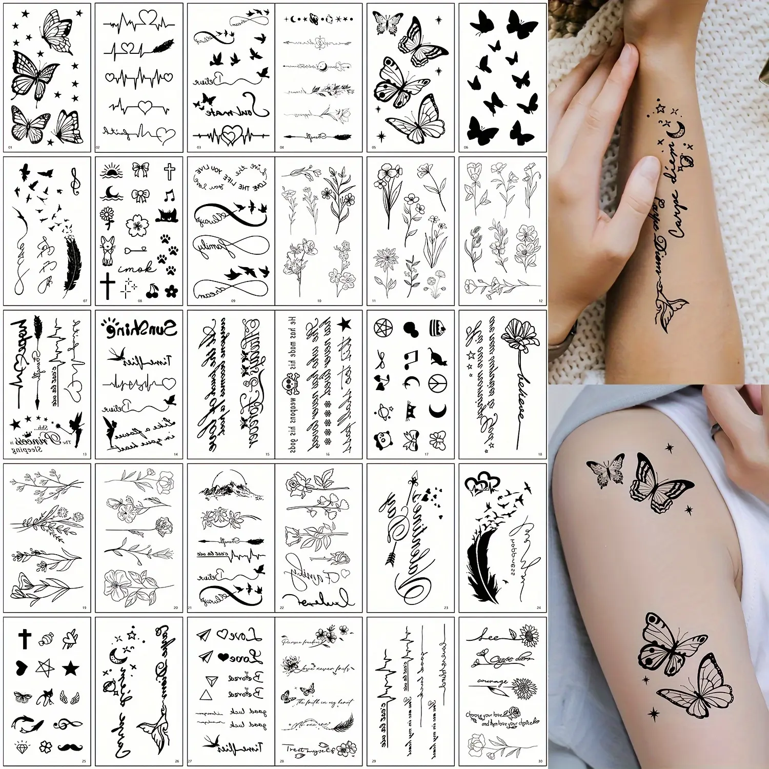 30 Sheets Temporary Tattoos Stickers, Black Love Heart ECG Butterfly Florals Feathers Stars Quotes Design, Waterproof Fake Tattoo Decals For Women, For Fingers, Wrist, Collarbone - Party Makeup Art