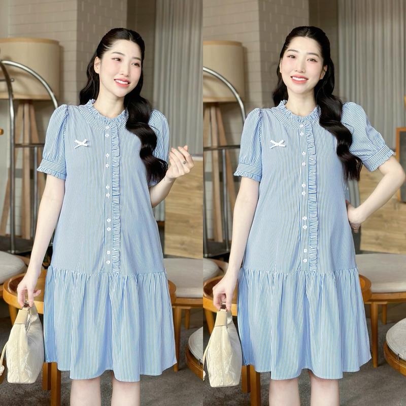 Đầm bầu Havi sọc kẻ công sở dáng đuôi cá tay xếp
