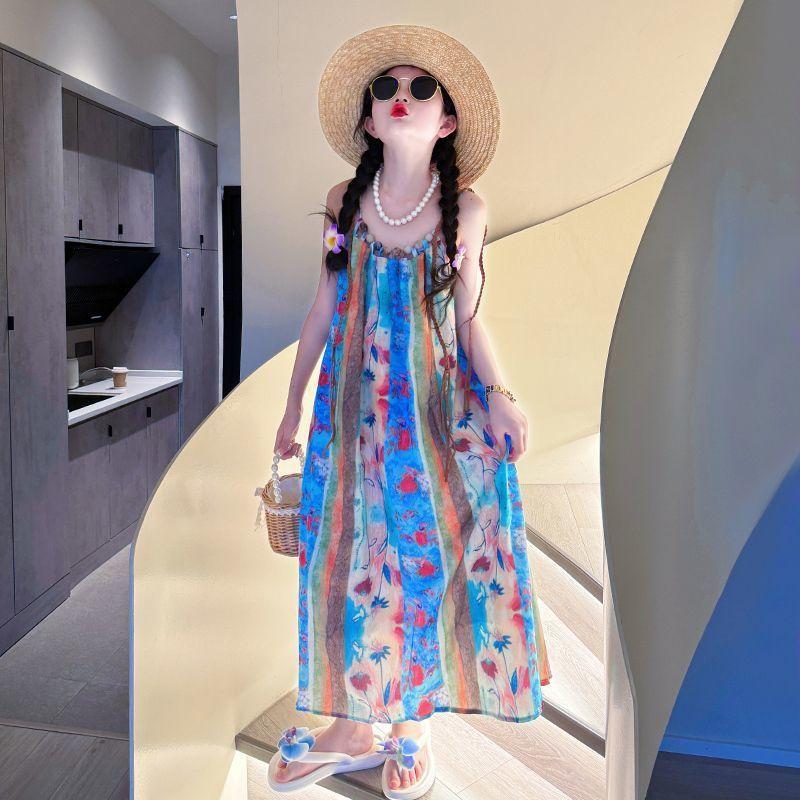 Váy Bé Gái, Bộ Sưu Tập Mùa Hè Mới 2024, Phong Cách Phương Tây, Phong Cách Hepburn, Dành Cho Trẻ Em Trung Bình Và Lớn, Váy Hai Dây, Thích Hợp Cho Kỳ Nghỉ Trên Bãi Biển Của Bé Gái, 2024 2