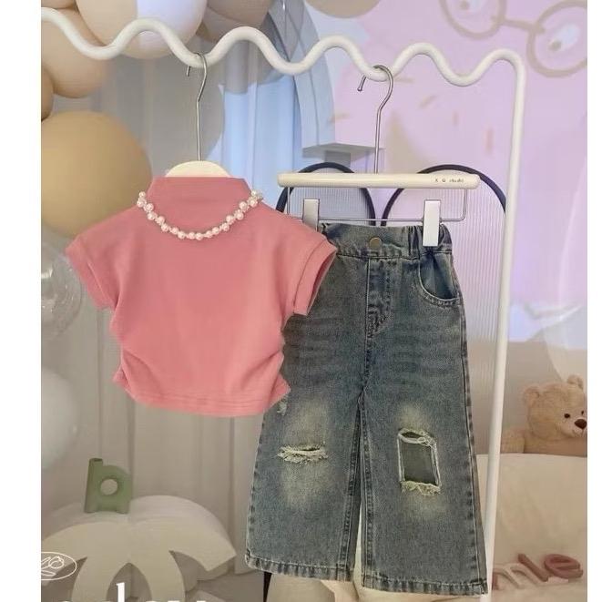 (BNshopkids) Sét áo cotton tay hến mix quần jeans xuông tặng kèm vòng cho bé gái 1