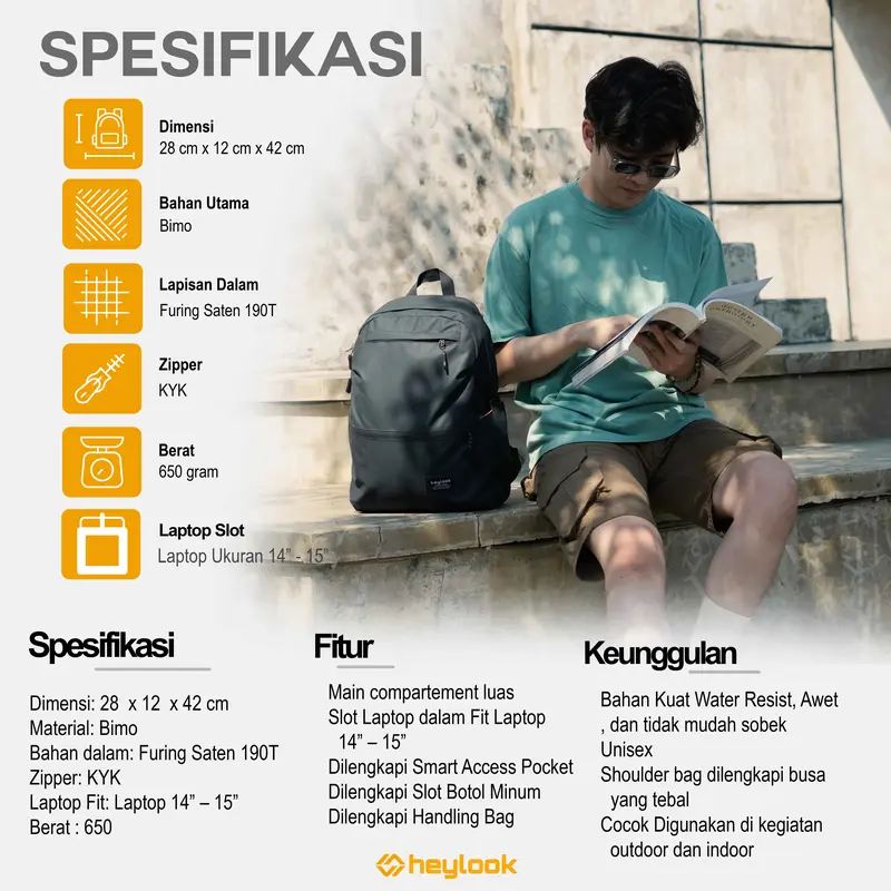 HEYLOOK Tas Ransel Laptop ELLITE Waterproof Backpack Pria Tas Leptop 14 - 15inch Tas Sekolah Tas Kuliah Tas Punggung Tas Kerja Cowok Terbaru 4