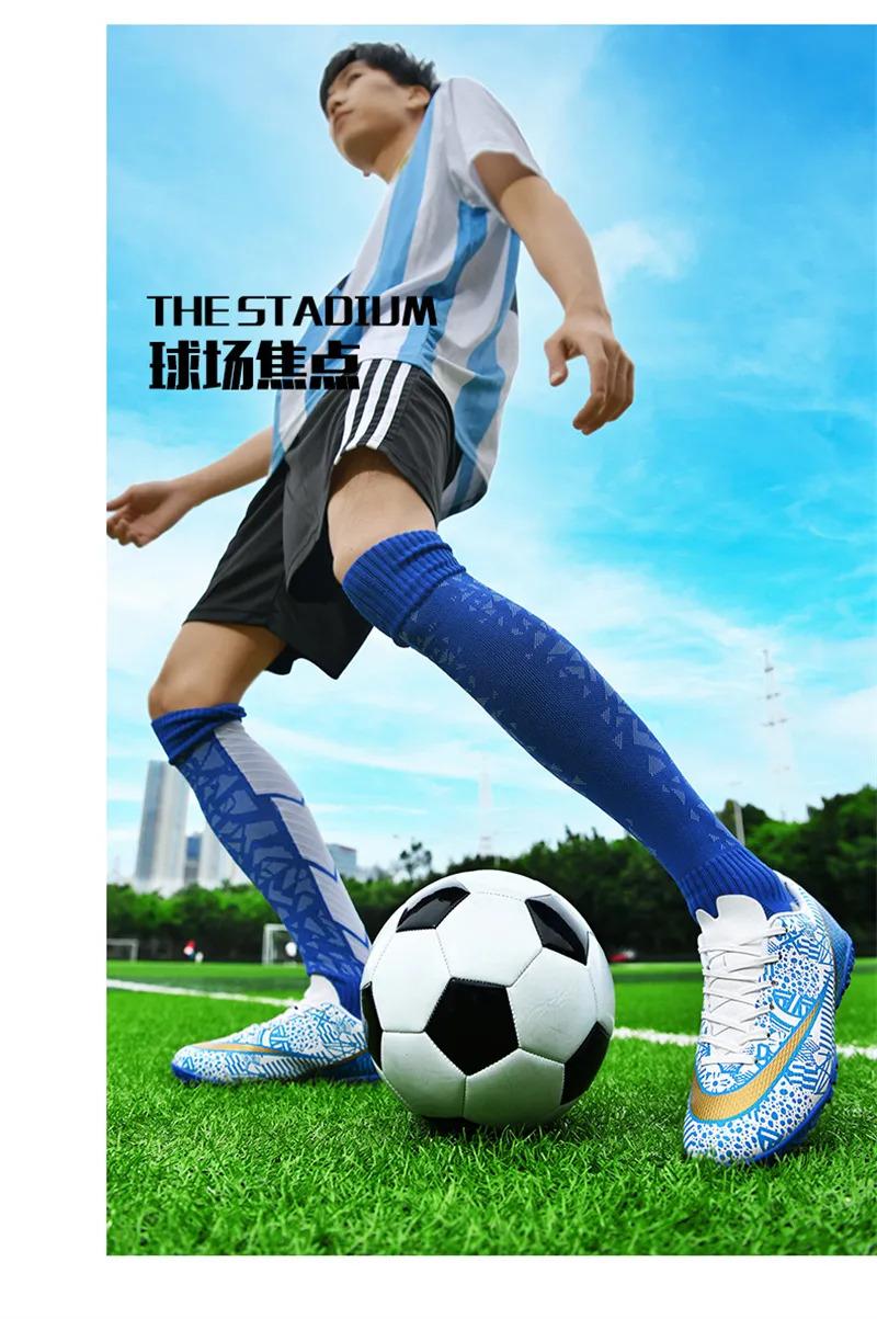 Product Introduction of High Quality Men Women Soccer Shoes Light Cleats Training Football Shoes Ankle Sport Long Spike Sneakers Turf Futsal Shoes Big Size 33-45 48