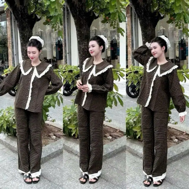 Bộ Pijama tiểu thư kẻ caro ren bèo tay dài quần dài, Bộ đồ nữ mặc nhà tiểu thư phối ren kẻ bánh bèo Nhung Voi Kaki Hồng