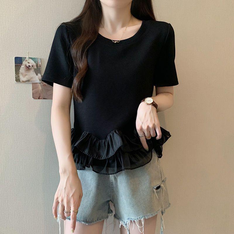 Áo Thun Ngắn Tay Chắp Vá Xếp Nhún Ngoại Cỡ Dành Cho Nữ, Dáng Rộng Vừa Vặn, Bó Sát, Ngoại Cỡ, Thích Hợp Cho Mùa Hè 2024, Áo Bé Gái, Phong Cách Ins 4