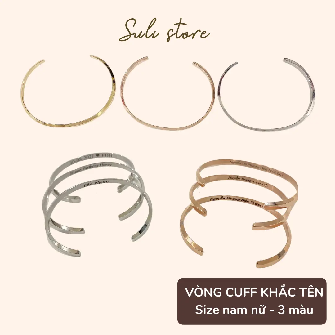 Vòng tay CUFF khắc tên mặt trong theo yêu cầu không rỉ Phụ Kiện đồng điếu trắng có