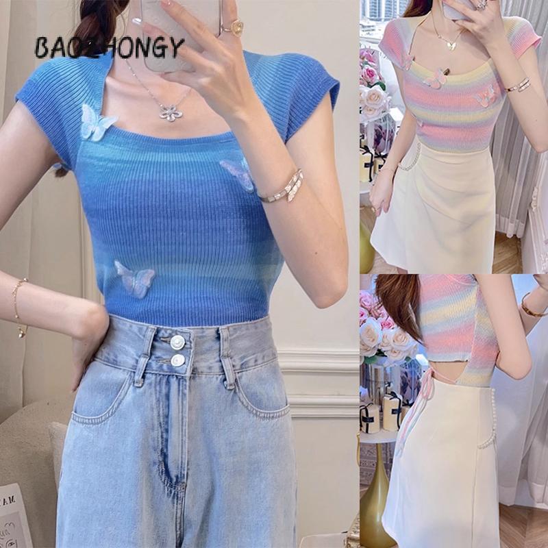 Áo Dệt Kim Hình Bướm 3D, Dành Cho Nữ, ngắn Tay, Cổ Vuông, Màu Tương Phản, Dáng Ôm, Áo Phông, Quần Áo Thẩm Mỹ 8