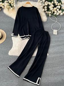 Two-Piece Set Women's Contrast Binding High Low Hem Drop Shoulder Top & Split Hem Wide Leg Pants Set, Casual Fashion Cozy Long Sleeve Top & Elastic Waist Trousers for Daily Outdoor Wear, Ladies Summer Clothes, Fall outfit