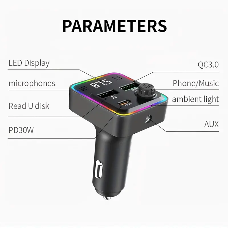 Dual USB Ports Car Charger for Phone, Car MP3 Player with Wireless FM Transmitter, Multifunctional Car Charger, Universal Car Electrical Appliances, Lights, LED 7