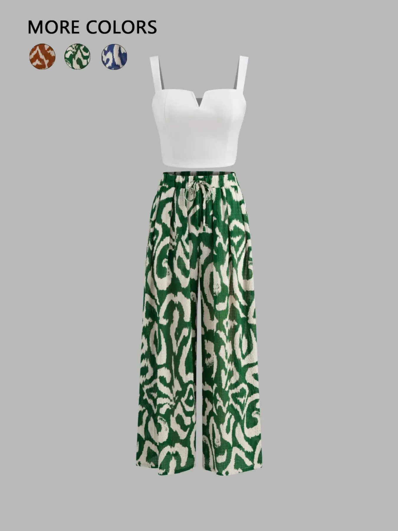 Two-Piece Set Women's Solid Color Square Neck Tank Top & Geometric Print Wide Leg Pants, Casual Fashion Cozy Top & Trousers for Daily Outdoor Wear, Ladies Clothes for All Seasons