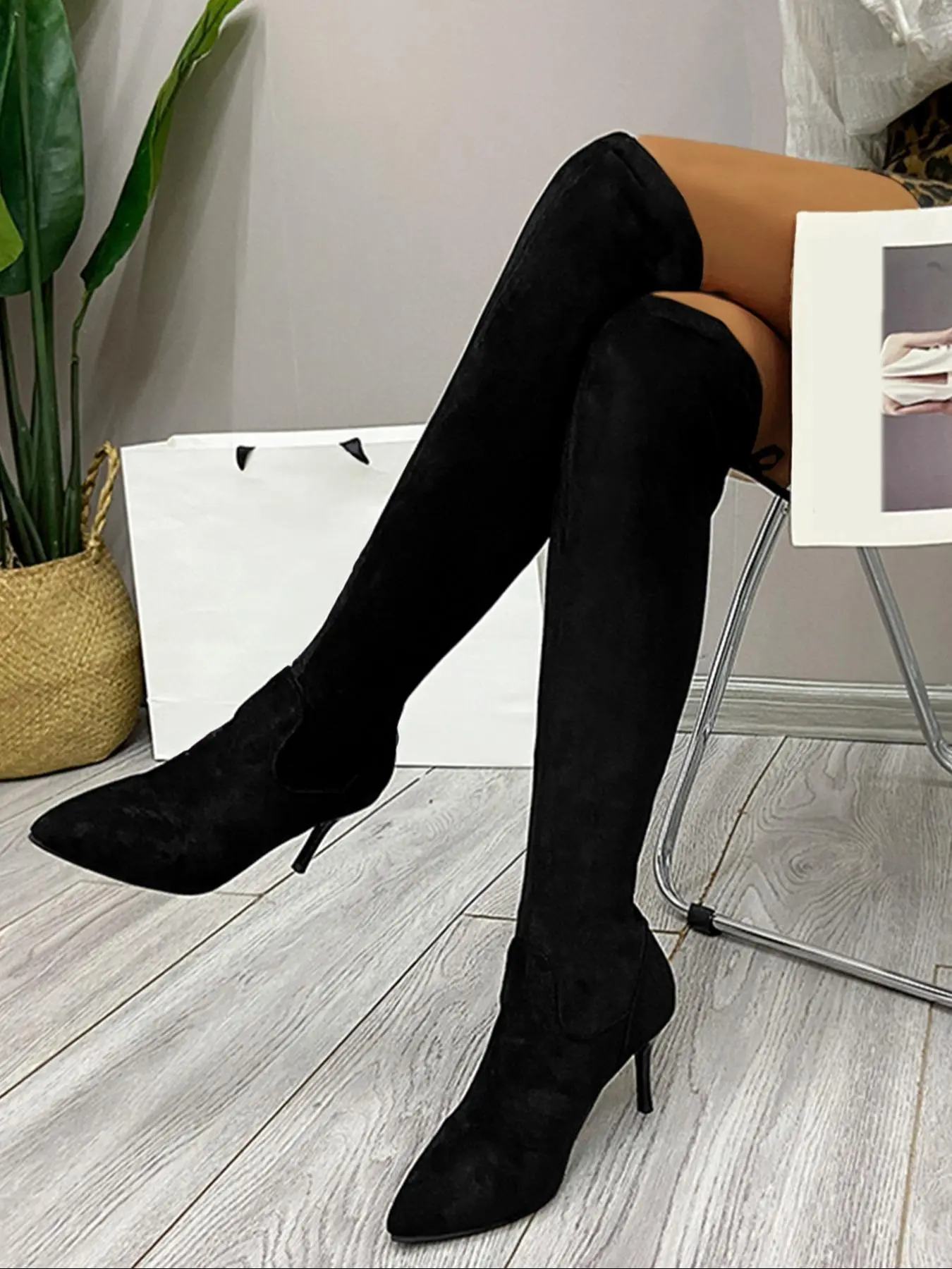 Women's Solid Color Stiletto Heeled Over The Knee Boots, Fashionable Pointed Toe High Heel Boots for Fall & Winter, Women's Boots for Daily Wear