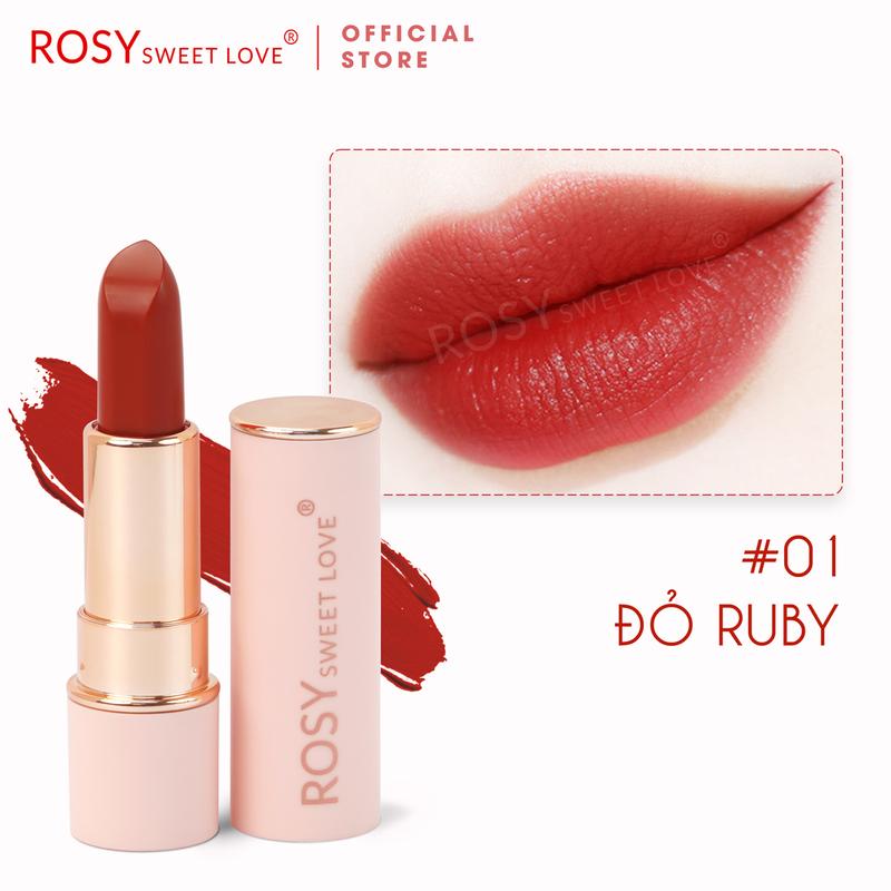 #01 Đỏ Ruby - Son sáp lì ROSY SWEET LOVE, Không Chì, Lên Màu Chuẩn, Lâu Trôi, Dưỡng môi, son mềm môi, son sáp lì Trang Điểm Son Môi Cosmetic Nữ Mỹ Phẩm Women [TẶNG CỌ TÁN SON]