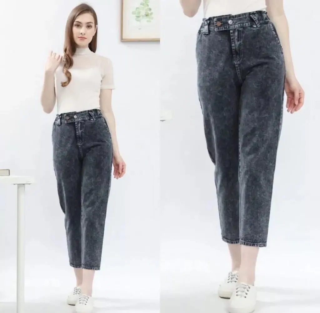 Boyfriend jeans wanita celana bf Polos fit karet melar Panjang