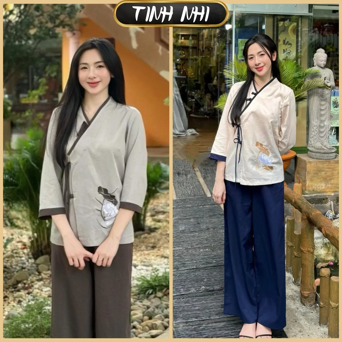 Đồ lam đi lễ cổ V thêu sen Tinh Nhi PP168 Nhung Nữ