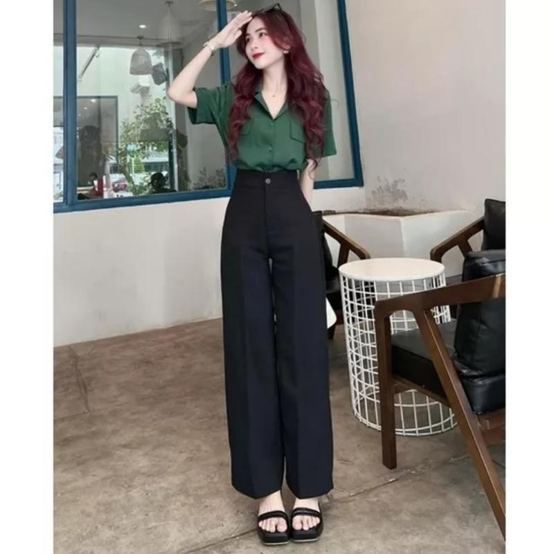 Quần Ống Rộng Suông Nữ Lưng Cao 1 Nút Khóa Trước Dáng Quần Tây Nữ Ống Rộng Cạp Cao Màu Đen Vải Dày Dặn Pants Dáng Dài Women Ong 2