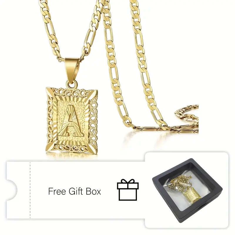 14K Golden Plated Initial Letter Pendant Necklace - A-Z, Unisex Design for Men & Women, Square Alphabet Figaro Chain with Ornate Detailing, Perfect for Casual Attire or Gifting, Jewelry | Polished Finish | Golden Alphabet, Necklace 2