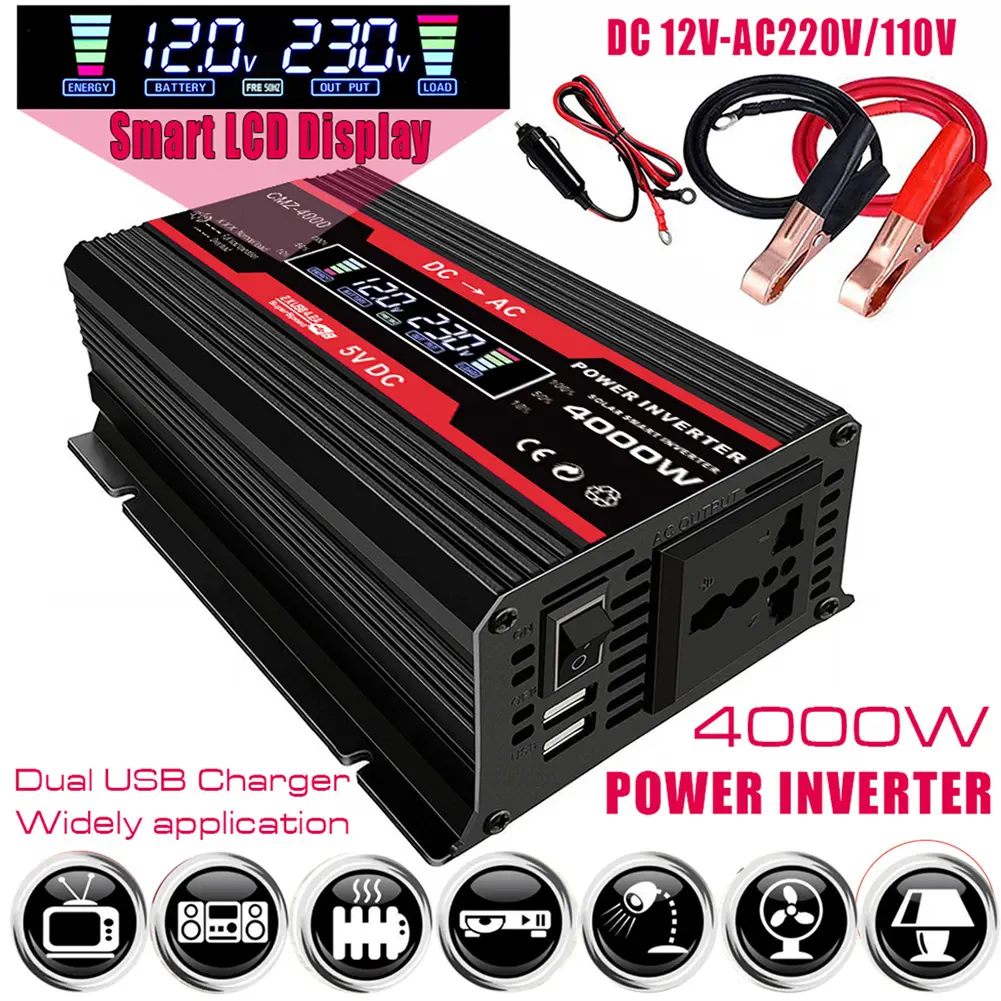 Biến tần USB kép, 4000W, Bộ chuyển đổi sạc 12V sang 110V / 220V, Thích hợp cho ô tô