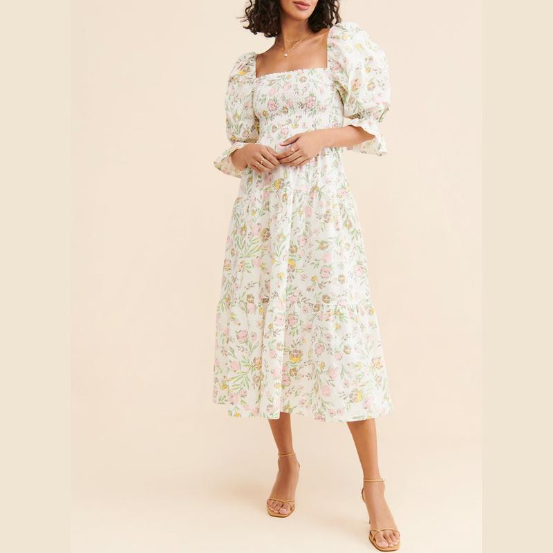 Product Introduction of Women's Autumn A-line Pregnancy Dress Half Sleeve Square Neck Plaid/Floral Baby Shower Dress 33