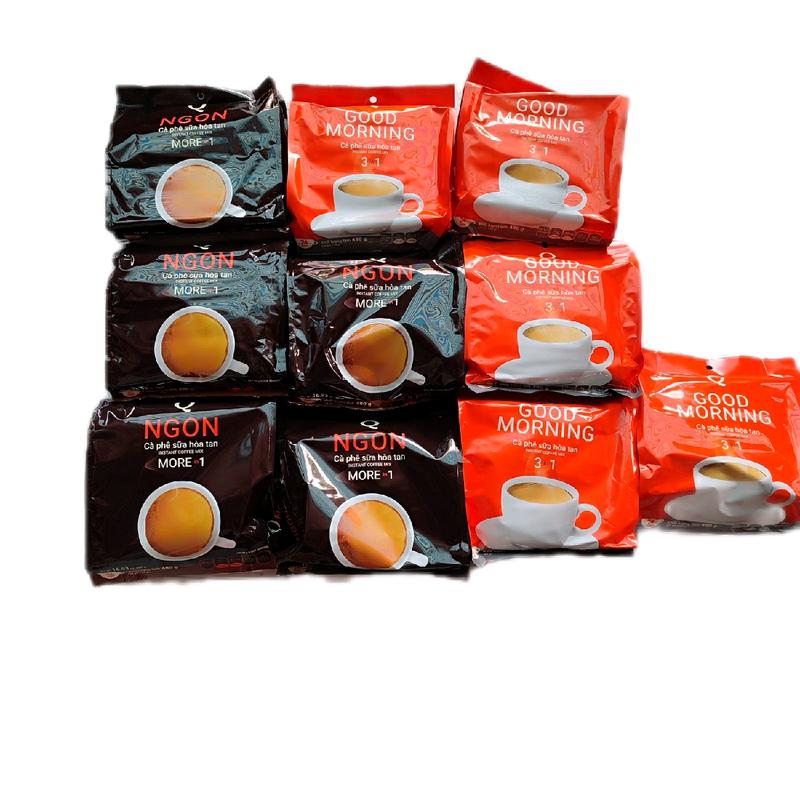 10 Bịch cà phê sữa trần Quang gồm có 5 bịch cà phê sữa goodmorning 3in1 và 5 bịch cà phê sữa Ngon mổi Bịch gồm có 24ống/20g Cafe Coffee latte Đường nova bấm