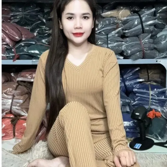 Đồ bộ cổ tim tay dài quần baggy, Set đồ bộ nữ mặc nhà, đồ bộ gân đũa lạnh, đồ bộ thun lạnh, đồ bộ ủ kem(B.màu 2)