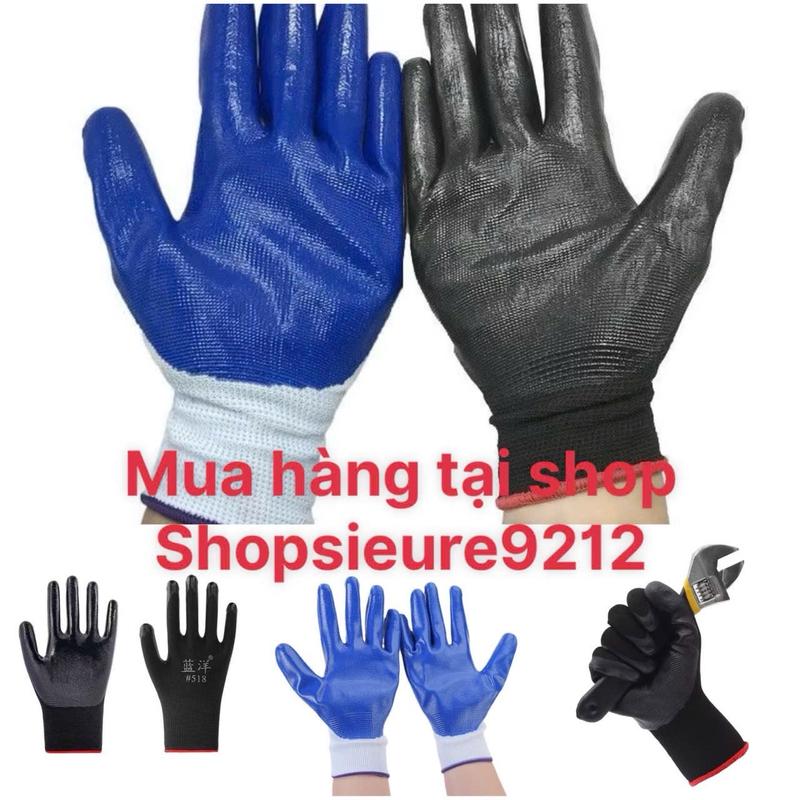 12 đôi găng gang tay bảo hộ lao động phủ cao su phủ sơn xanh-đen-xám mũ rừng sâu