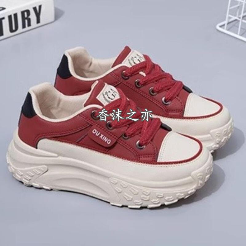 Product Introduction of Dad's Women's Instagram Trend 2024 Spring New Versatile Thick Sole Elevated Running Casual Leather Breathable Sports Shoes 0