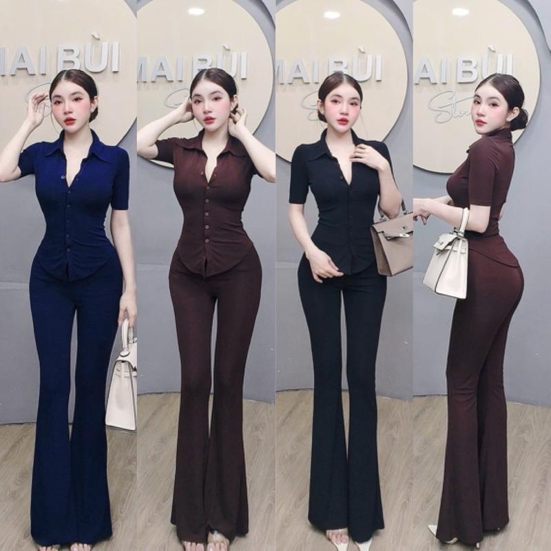 S67 - Set Sơ Mi Tay Ngắn Quần Loe Thun Lụa Dẻo Mai Bùi Store