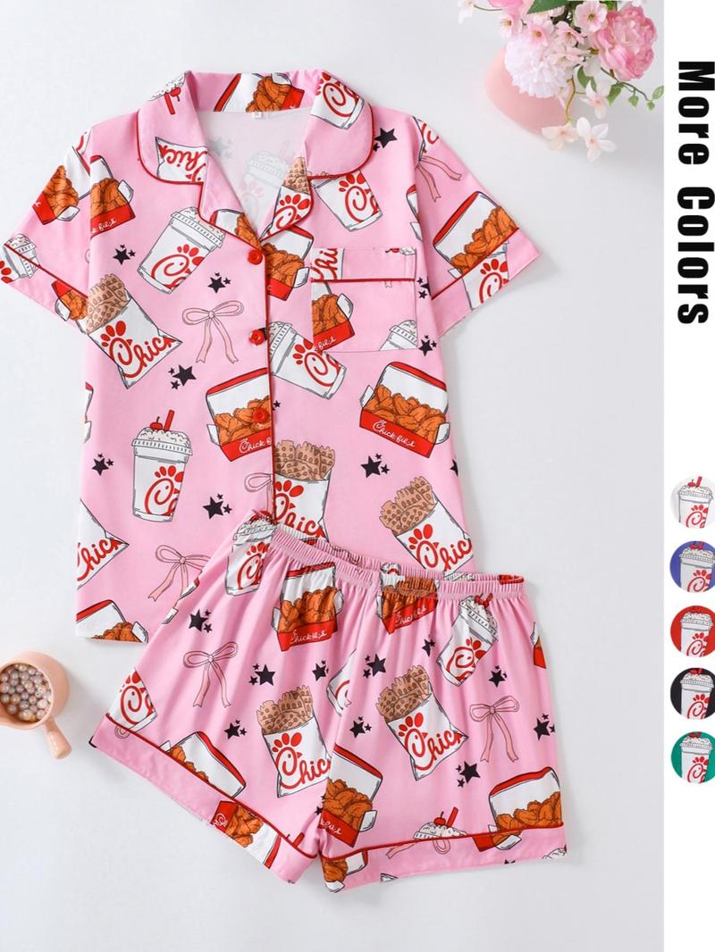 Product Introduction of Women's Fried Chicken Print Shirt & Shorts Pyjama Two-piece Set, Casual Comfy Short Sleeve Collared Top & Shorts Pj Set, Ladies Sleepwear for All Seasons, Pyjamas for Women 6