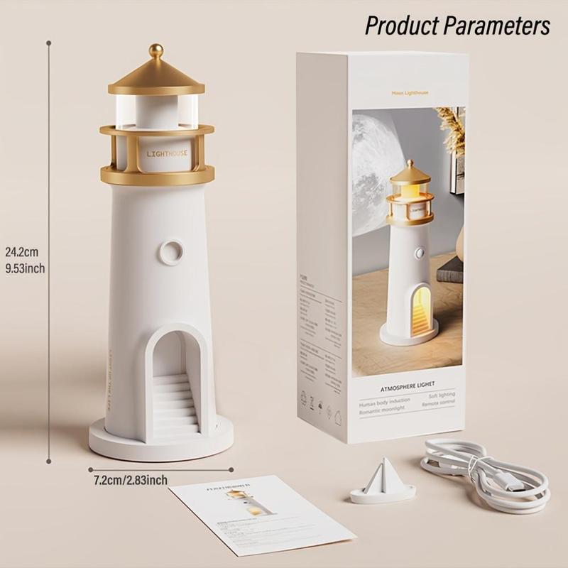 Moonlight Lighthouse Projection Light with Motion-Sensor Night Light, USB Rechargeable Lighting, Bedroom Bedside Lamp, LED Moonlight Projection Ambient Light 1