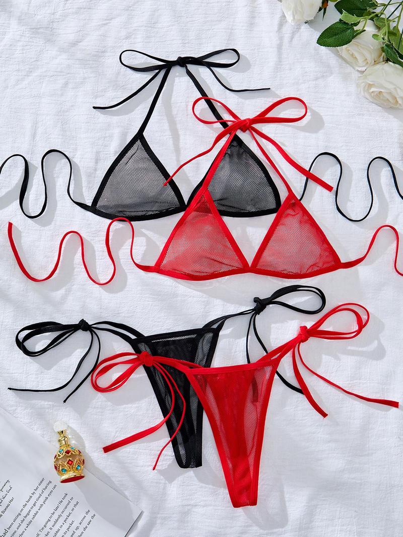 Product Introduction of Women's Solid Color Sheer Mesh Teddy Lingerie Set, Sexy Fashion Chic Tie Back  Bra & Tie Side Thong Set, Ladies Underwear for All Seasons 6