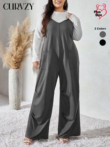 CURVZY Plus Size Solid Pocket Wide Leg Cami Jumpsuit, Casual Comfy Sleeveless Jumpsuit for Daily Wear, Plus Size Clothes for Women, Women's Clothing for All Seasons