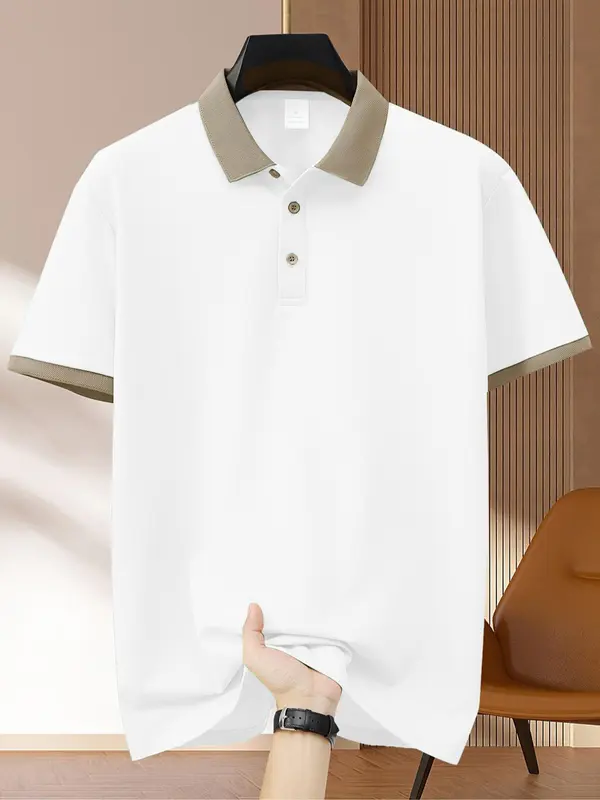 Men's Colorblock Short Sleeve Polo Shirt, Regular Fit Casual Contrast Trim Collared Top for Summer, Fashion Men's Clothes for Daily Wear 1