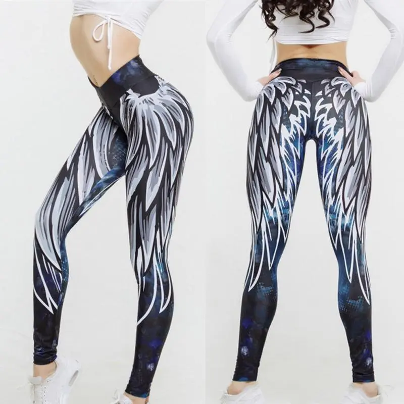 Fashion Women High Waist Angel Wings Printed Leggings Sport Running Yoga Pants Elastic Workout Legging Plus Size