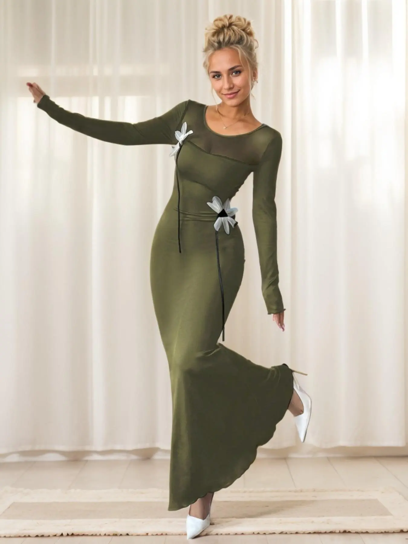 Women's Colorblock Floral Decor Round Neck Dress, Elegant Fashion Long Sleeve Maxi Dress for Party & Banquet, Women's Clothing for Spring & Fall