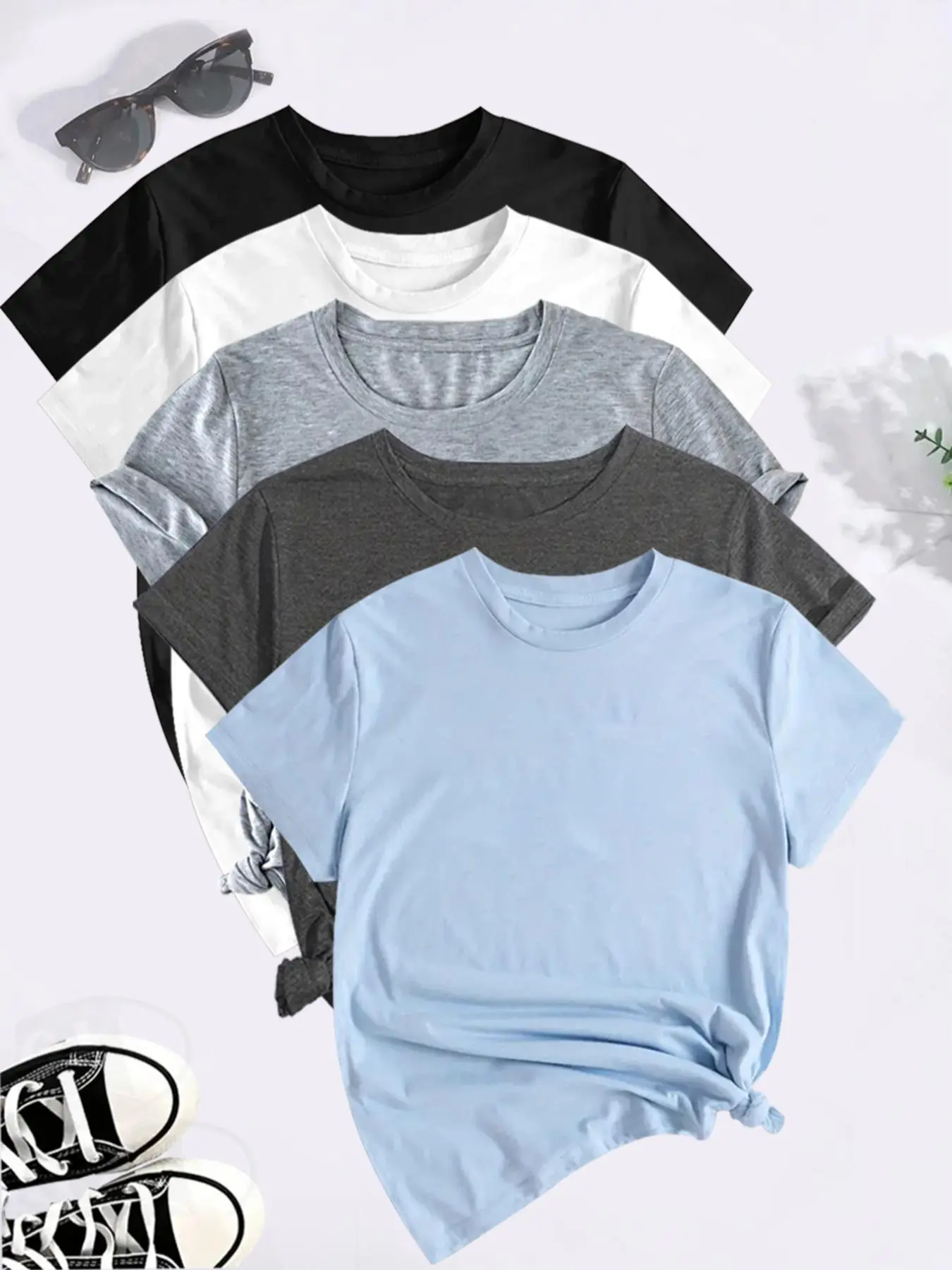 Women's Solid Round Neck Tee, Casual Minimalist Short Sleeve Crew Neck T-shirt for Summer, Tops for Women, Fashion Women's Top for Daily Wear, T-shirts for Women