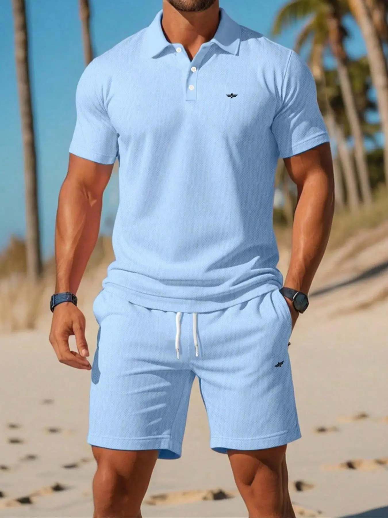 Men's Bird & Geometric Print Polo Shirt & Shorts Set, Regular Fit Casual Short Sleeve Top & Track Shorts, Men Summer Set for Beach Vacation