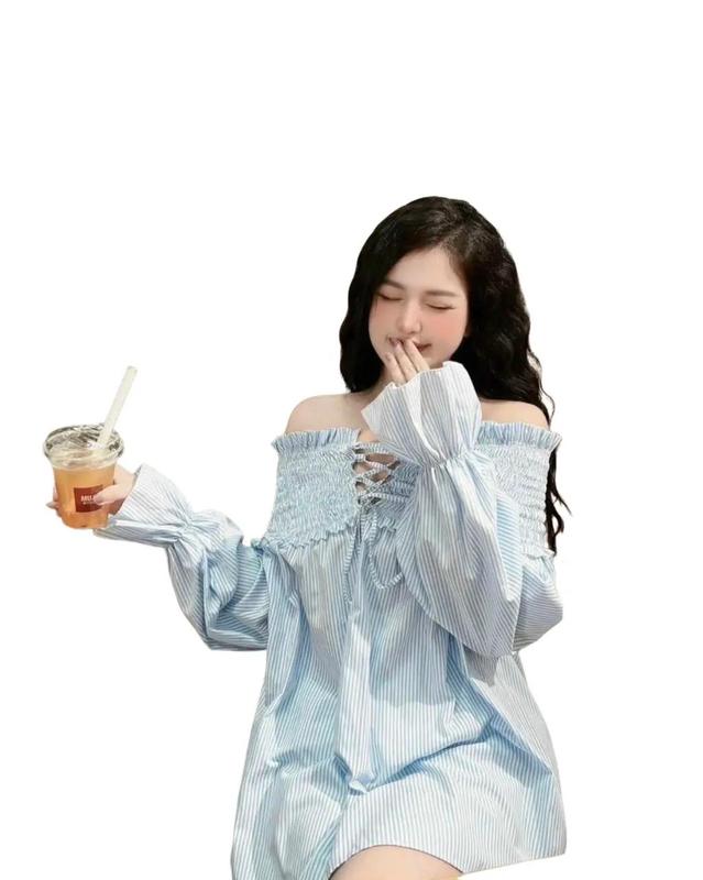 BARE_Áo trễ vai tay phồng tay dài nữ form áo dấu quần phối dây đan bánh bèo- A294 Women Nhung Voan Top Sơ Mi Voi Shirt Dài Tay