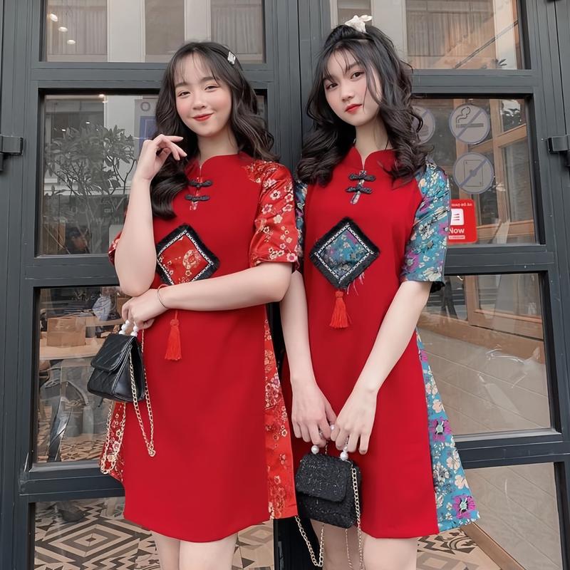 Váy Xinh nhẹ Nhàng Dáng Xoè Phong Cách Áo Dài Cách Tân Phối Cổ Sườn Xám Có hoa Siêu Xinh - NV05 Nữ Dress Đầm Women Tết 2026