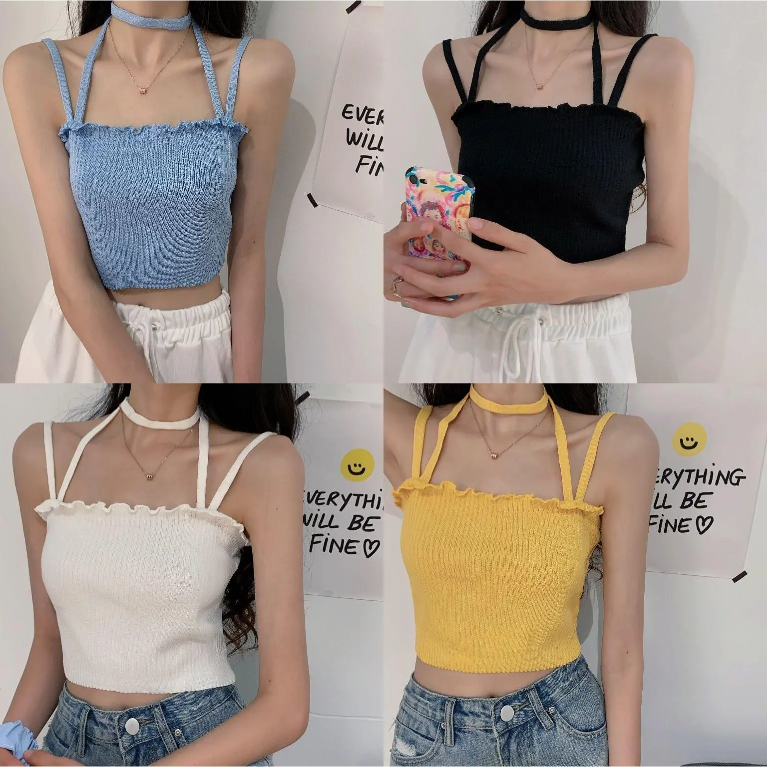 Áo Cổ Yếm Dệt Kim, Phong Cách Hàn Quốc, Dễ Phối Đồ Gợi Cảm, Bộ Sưu Tập Mùa Hè Này Mặc áo crop top ngắn, bên dưới và áo bên trong