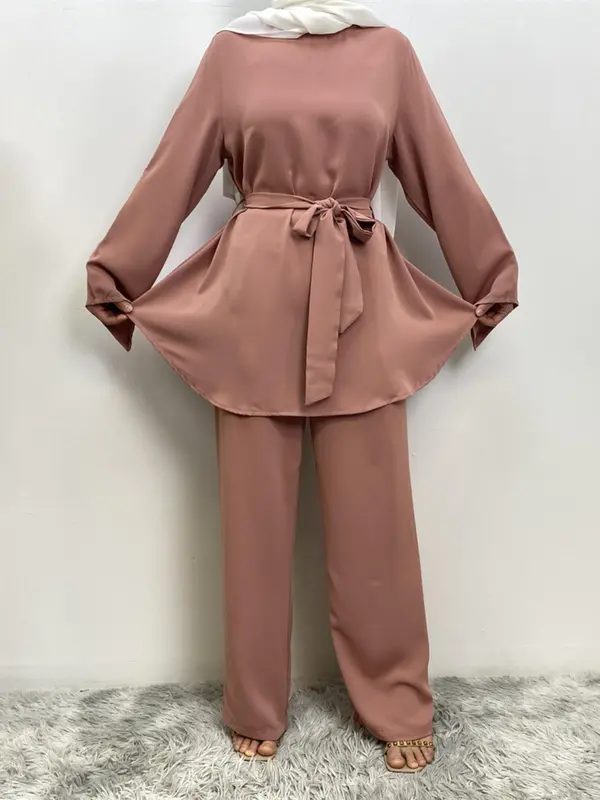 Two-Piece Set Women's Solid Zip Up Belted Top & Wide Leg Pants Two-piece Set, Modest Long Sleeve Round Neck Top & Trousers for Daily Wear, Ladies Fall Clothes 8