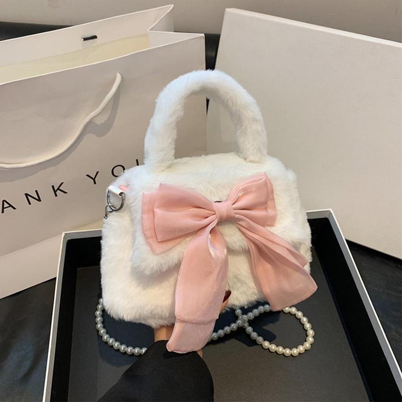 Túi Đeo Chéo, Thiết Kế Sang Trọng Thắt Nơ Dây Chuyền Xích, Phong Cách Lolita Ngọt Ngào Túi Xách Nhồi Bông Thắt Nơ Lông Mịn, Phong Cách Harajuku Nhật Bản, Túi Đeo Vai Nhồi Bông Thích Hợp Mặc Hàng Ngày