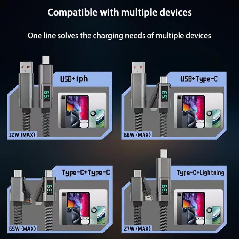 4 In 1 Fast Charging Data Transfer Cable, 1 Count 66W Fast Charging Data Cable with Digital Display, Phone Charging Cable Compatible with iPhone 5