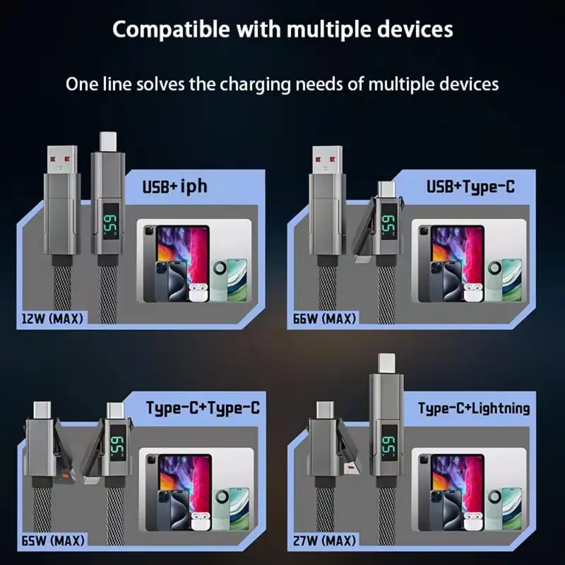 4 In 1 Fast Charging Data Transfer Cable, 1 Count 66W Fast Charging Data Cable with Digital Display, Phone Charging Cable Compatible with iPhone 5