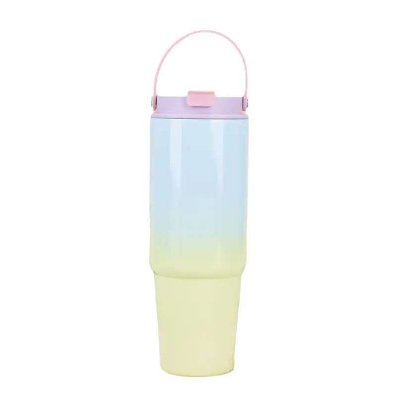 Stainless Steel Vacuum Cup Gradient Color Double-Layer Straw Large Ice Cup Vacuum with Handle 30Oz Cup