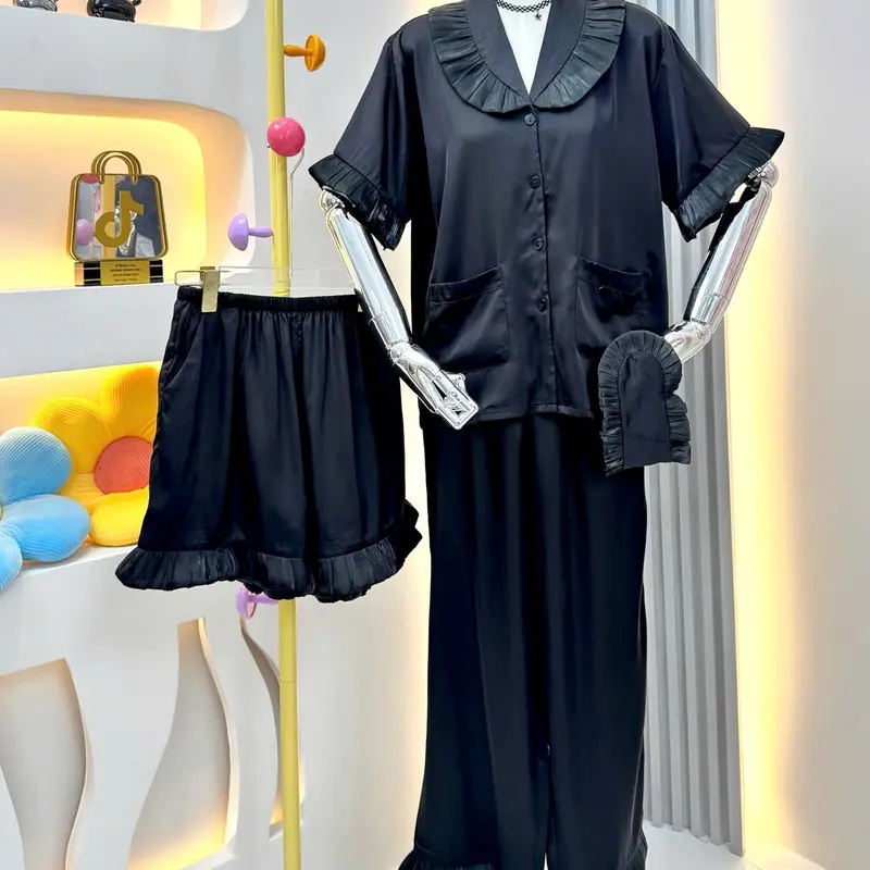 [4 SIZE 40-95KG] PIJAMA LỤA LATIN PHỐI VOAN KIẾNG TAY NGẮN QUẦN DÀI KÈM QUẦN ĐÙI VÀ BỊT MẮT 2