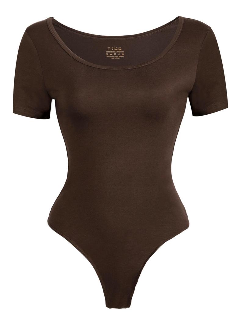 Product Introduction of Women's Solid   Bodysuit, Casual Comfy Short Sleeve Bodysuit for Summer, Ladies Clothes for Daily Wear 4