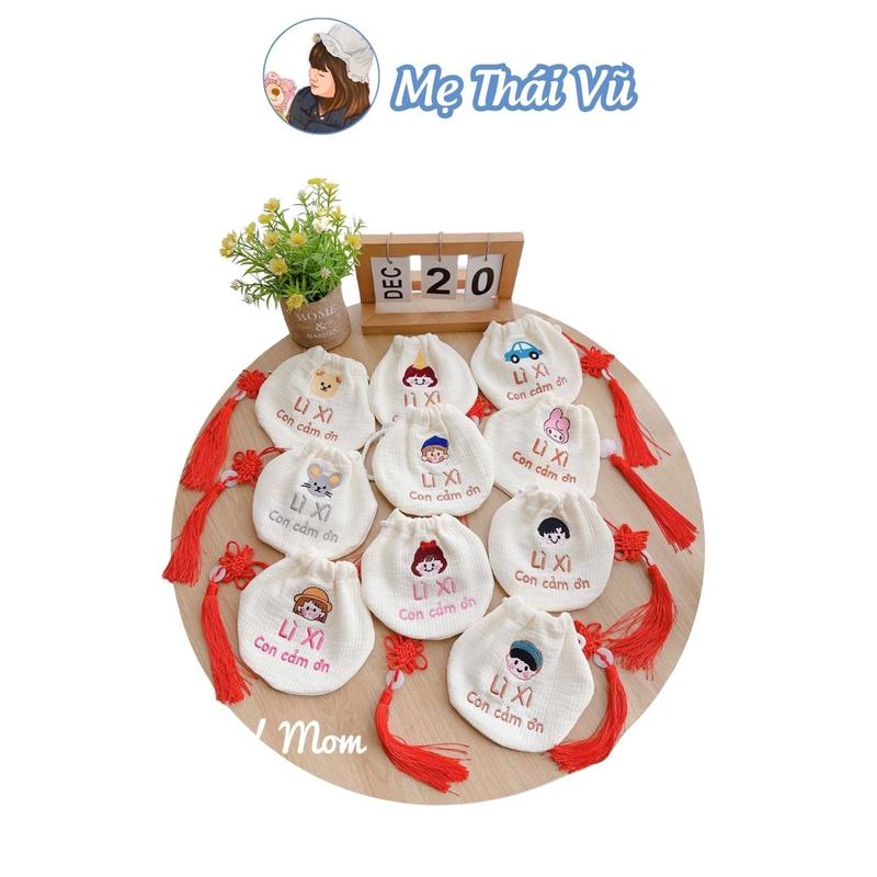 TẶNG DÂY ĐEO TẾT Túi tỏi đựng lì xì túi đeo chéo thời trang cho bé thêu hình dễ thương vải xô trần Hàn Mẹ Thái Vũ Kem Balo