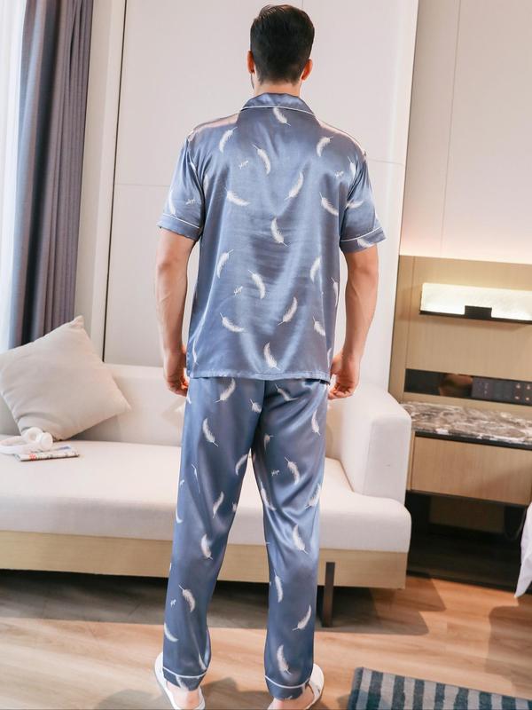 Three-Piece Set Men's All Over Print Button Front Pyjamas Set, Casual Pocket Shirt & Elastic Waist Pants & Contrast Binding Shorts, Men's Sleepwear Set for Summer 8